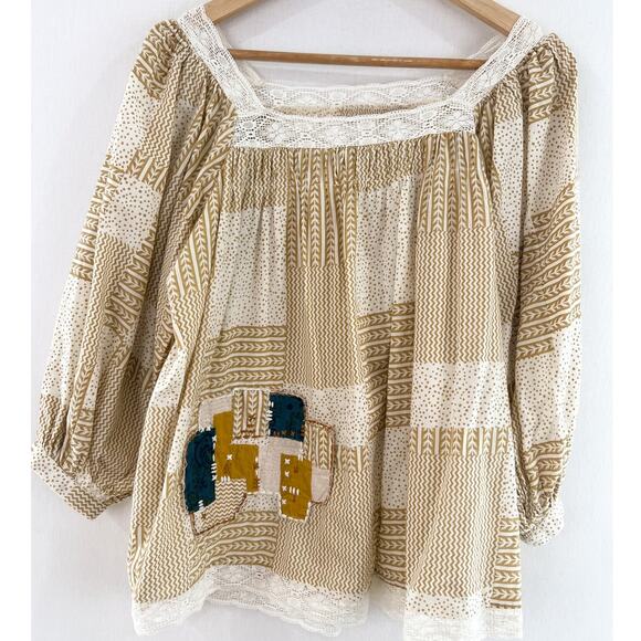 Oh My Stars Trudy Patchwork Blouse XS Mustard Yellow Square Neck Puff Sleeve - Picture 2 of 10